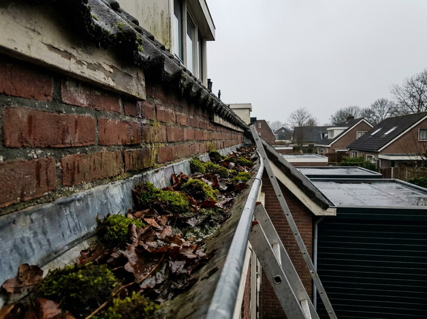 Volle dakgoot met blad en mos vóór reiniging